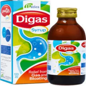 A close-up image of a 15ml bottle of Digas syrup, with the label prominently displayed.