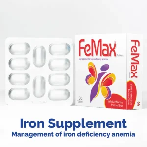 Close-up of a blister pack of Femax tablets containing Sodium Feredetate, Vitamin C, and Folic acid, isolated on a white background.