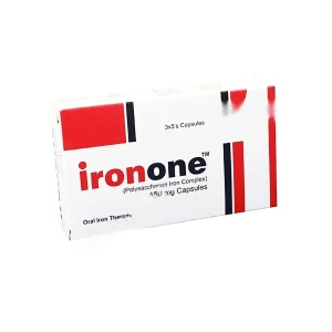 A blister pack containing Ironone-150mg capsules, with a label displaying the product name and dosage.