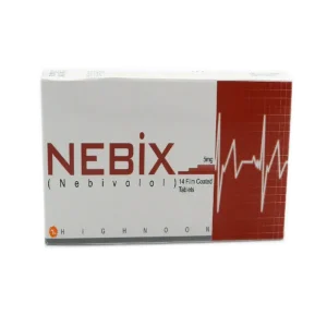 A close-up image of a blister pack containing Nebix 5mg tablets, with the brand name and dosage clearly visible.