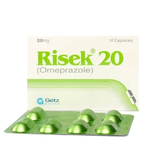 A blister pack of Risek 20 mg tablets.