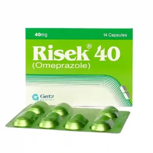 Risek 40mg tablet, a small pill with a distinctive shape and color.