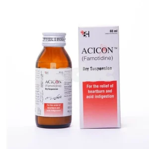 Bottle of Acicon syrup with a label indicating it is used for treating digestive issues.