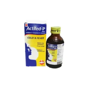 A bottle of Actifed P Syrup, an over-the-counter medication for cough and cold symptoms.