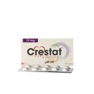 "Blister pack of Crestat tablets, round and white, used for lowering cholesterol levels."