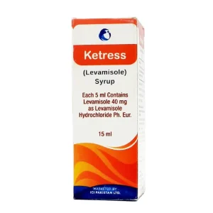 A 15ml bottle of Ketress syrup with a label and measuring spoon