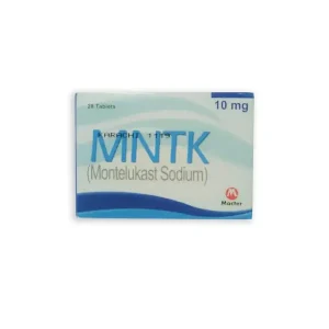 A blister pack of MNTK 10mg tablets. The package contains several rows of small, round, white pills with the imprint 'MNTK 10mg'. The background is a plain white surface.