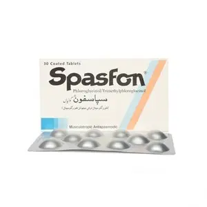 A strip of Spasfon tablets in their packaging, used for treating gastrointestinal and genitourinary disorders.